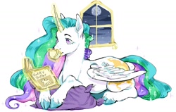 Size: 2048x1299 | Tagged: safe, artist:moshpaws, princess celestia, pony, g4, book, cloven hooves, food, glowing horn, harry potter (series), horn, magic, mare in the moon, moon, night, reading, simple background, solo, tea, telekinesis, white background, window