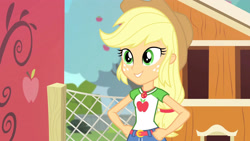 Size: 3410x1920 | Tagged: safe, screencap, applejack, equestria girls, fluttershy's butterflies, fluttershy's butterflies: applejack, g4, my little pony equestria girls: better together, applejack's hat, belt, clothes, cowboy hat, cutie mark, cutie mark on clothes, denim skirt, female, geode of super strength, hand on hip, hat, jewelry, magical geodes, necklace, skirt, solo