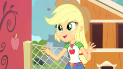 Size: 3410x1920 | Tagged: safe, screencap, applejack, equestria girls, fluttershy's butterflies, fluttershy's butterflies: applejack, g4, my little pony equestria girls: better together, applejack's hat, belt, clothes, cowboy hat, cute, cutie mark, cutie mark on clothes, denim skirt, female, geode of super strength, hat, jackabetes, jewelry, magical geodes, necklace, open mouth, skirt, solo