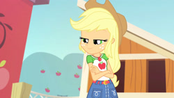 Size: 3410x1920 | Tagged: safe, screencap, applejack, equestria girls, fluttershy's butterflies, fluttershy's butterflies: applejack, g4, my little pony equestria girls: better together, applejack's hat, belt, clothes, cowboy hat, crossed arms, cute, cutie mark, cutie mark on clothes, denim skirt, female, geode of super strength, hat, jackabetes, jewelry, magical geodes, necklace, skirt, smiling, solo