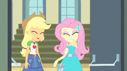 Size: 3410x1920 | Tagged: safe, screencap, applejack, fluttershy, equestria girls, equestria girls series, fluttershy's butterflies, g4, applejack's hat, belt, clothes, cowboy hat, cute, cutie mark, cutie mark on clothes, denim skirt, eyes closed, female, fluttershy's butterflies: applejack, geode of fauna, geode of super strength, hairpin, hat, jackabetes, jewelry, magical geodes, necklace, open mouth, shyabetes, skirt, smiling