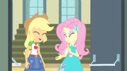 Size: 3410x1920 | Tagged: safe, screencap, applejack, fluttershy, equestria girls, fluttershy's butterflies, fluttershy's butterflies: applejack, g4, my little pony equestria girls: better together, applejack's hat, belt, clothes, cowboy hat, cute, cutie mark, cutie mark on clothes, denim skirt, eyes closed, female, geode of fauna, geode of super strength, hairpin, hat, jackabetes, jewelry, magical geodes, necklace, open mouth, shyabetes, skirt, smiling