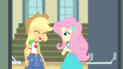 Size: 3410x1920 | Tagged: safe, screencap, applejack, fluttershy, equestria girls, fluttershy's butterflies, fluttershy's butterflies: applejack, g4, my little pony equestria girls: better together, applejack's hat, belt, clothes, cowboy hat, cute, cutie mark, cutie mark on clothes, denim skirt, eyes closed, female, geode of fauna, geode of super strength, hairpin, hat, jackabetes, jewelry, magical geodes, necklace, open mouth, skirt, smiling