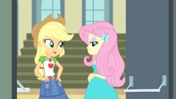Size: 3410x1920 | Tagged: safe, screencap, applejack, fluttershy, equestria girls, equestria girls series, fluttershy's butterflies, g4, applejack's hat, belt, clothes, cowboy hat, cute, cutie mark, cutie mark on clothes, denim skirt, female, fluttershy's butterflies: applejack, geode of fauna, geode of super strength, hairpin, hat, jackabetes, jewelry, magical geodes, necklace, open mouth, skirt, smiling