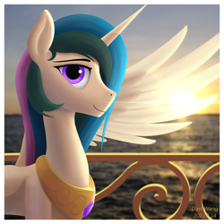 Size: 2600x2600 | Tagged: safe, artist:dash wang, princess celestia, alicorn, pony, g4, backlighting, female, high res, horn, ocean, solo, sunset, wings