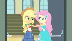 Size: 3410x1920 | Tagged: safe, screencap, applejack, fluttershy, equestria girls, equestria girls series, fluttershy's butterflies, g4, applejack's hat, belt, clothes, cowboy hat, cutie mark, cutie mark on clothes, denim skirt, female, fluttershy's butterflies: applejack, geode of fauna, geode of super strength, hairpin, hat, jewelry, magical geodes, necklace, skirt, smiling