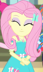 Size: 1920x3204 | Tagged: safe, screencap, fluttershy, pinkie pie, rainbow dash, equestria girls, fluttershy's butterflies, fluttershy's butterflies: applejack, g4, my little pony equestria girls: better together, clothes, cropped, cute, cutie mark, cutie mark on clothes, female, geode of fauna, hairpin, jewelry, magical geodes, necklace, shyabetes, smiling, solo focus