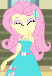 Size: 1920x2792 | Tagged: safe, screencap, fluttershy, equestria girls, fluttershy's butterflies, fluttershy's butterflies: applejack, g4, my little pony equestria girls: better together, clothes, cropped, cute, cutie mark, cutie mark on clothes, female, fluttershy boho dress, geode of fauna, hairpin, jewelry, magical geodes, necklace, shyabetes, smiling, solo