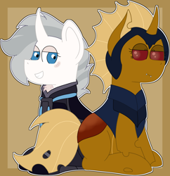 Size: 3906x4030 | Tagged: safe, oc, oc:dawn strike, oc:mysterious stranger, changeling, pony, unicorn, duo, yellow changeling