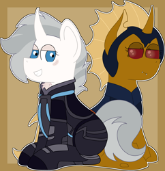 Size: 3906x4030 | Tagged: safe, oc, oc:dawn strike, oc:mysterious stranger, changeling, pony, unicorn, armor, duo, yellow changeling