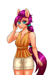 Size: 1200x1900 | Tagged: safe, artist:zachc, sunny starscout, earth pony, anthro, g5, braid, clothes, female, looking at you, shorts, simple background, solo, white background