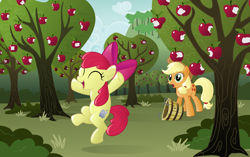 Size: 8000x5010 | Tagged: safe, artist:blackgryph0n, apple bloom, applejack, earth pony, pony, g4, apple, apple (company), apple tree, cutie mark, female, filly, food, herbivore, jumping, mare, orchard, tree