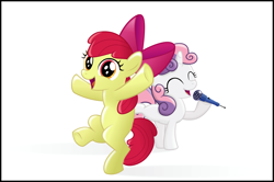 Size: 5000x3316 | Tagged: safe, artist:blackgryph0n, apple bloom, sweetie belle, earth pony, pony, unicorn, g4, dexterous hooves, duo, duo female, eyes closed, female, filly, microphone, open mouth, open smile, smiling, standing, standing on one leg