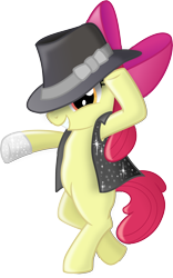 Size: 3122x5000 | Tagged: safe, artist:blackgryph0n, apple bloom, earth pony, pony, g4, beat it, bipedal, clothes, cosplay, costume, dancing, female, filly, grin, hat, hoof glove, jacket, michael jackson, smiling, solo, standing on two hooves, suit