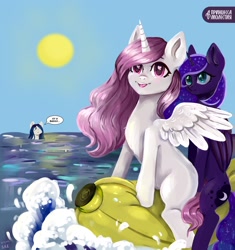 Size: 2028x2160 | Tagged: safe, artist:ske, princess celestia, princess luna, alicorn, pony, princess molestia, g4, cyrillic, dialogue, duo focus, high res, ocean, pool toy, russian, summer, translated in the comments, water