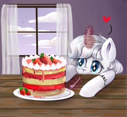 Size: 2333x2160 | Tagged: safe, artist:ske, oc, oc only, pony, unicorn, cake, cloud, commission, food, fork, heart, high res, solo, strawberry cake, window