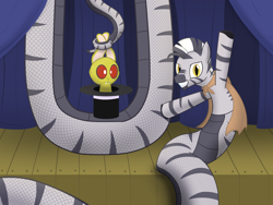 Size: 1200x900 | Tagged: safe, artist:mightyshockwave, oc, oc only, oc:tsavo, oc:warren, lamia, original species, rabbit, zebra, animal, bunny out of the hat, cape, clothes, coils, grin, hat, lamiafied, magic show, magic trick, smiling, species swap, stage, top hat, zebra oc