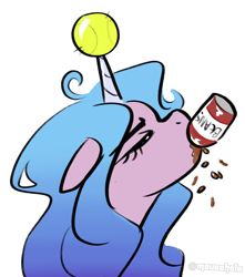 Size: 3034x3435 | Tagged: safe, artist:holomouse, izzy moonbow, pony, unicorn, g5, my little pony: a new generation, spoiler:g5, ball, beans, eating, female, food, herbivore, high res, izzy's beans, izzy's tennis ball, mare, messy eating, solo, tennis ball, that pony sure does love beans