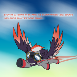 Size: 1500x1500 | Tagged: safe, artist:askavrobishop, oc, oc:bishop, pegasus, pony, comic:askavrobishop, clothes, cloud, feathered wings, female, flight suit, flying, mare, solo, wings