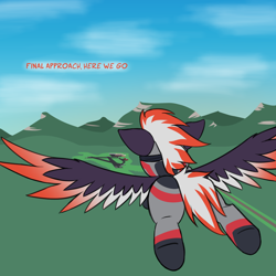 Size: 1500x1500 | Tagged: safe, artist:askavrobishop, oc, oc:bishop, pegasus, pony, comic:askavrobishop, clothes, cloud, feathered wings, female, flight suit, flying, mare, solo, wings