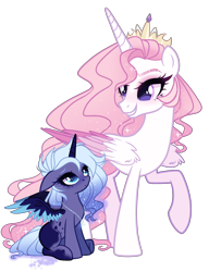 Size: 2200x2860 | Tagged: safe, artist:gihhbloonde, princess celestia, princess luna, pony, g4, colored wings, female, filly, high res, multicolored wings, pink-mane celestia, redesign, simple background, transparent background, wings, woona, younger