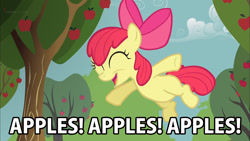 Size: 960x540 | Tagged: safe, edit, edited screencap, screencap, apple bloom, earth pony, pony, call of the cutie, g4, season 1, adorabloom, apple, cute, eyes closed, female, filly, open mouth, open smile, smiling, solo, text, that pony sure does love apples