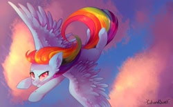 Size: 1080x670 | Tagged: safe, artist:whikapoo, rainbow dash, pegasus, pony, g4, colored pupils, flying, sky background, solo