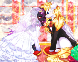 Size: 4000x3179 | Tagged: safe, artist:krissstudios, oc, oc only, pegasus, pony, clothes, dress, female, mare, marriage, suit, wedding, wedding dress
