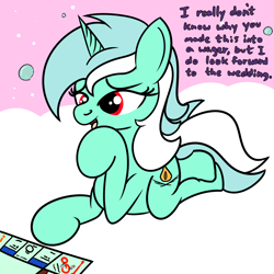 Size: 2000x2000 | Tagged: safe, artist:dafiltafish, lyra heartstrings, oc, oc:hedone, pony, unicorn, comic:day by day, g4, cloud, dialogue, female, game, high res, implied marriage, lesbian, monopoly, shapeshifter, solo, text