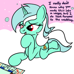 Size: 2000x2000 | Tagged: safe, artist:dafiltafish, lyra heartstrings, oc, oc:hedone, pony, unicorn, comic:day by day, g4, cloud, dialogue, female, game, high res, implied marriage, lesbian, lying down, mare, monopoly, prone, shapeshifter, solo, text