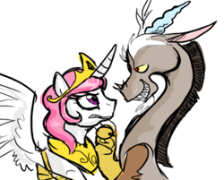 Size: 420x338 | Tagged: safe, artist:laura frick, discord, princess celestia, alicorn, draconequus, pony, g4, eye contact, female, grin, jewelry, looking at each other, male, pink-mane celestia, regalia, sharp teeth, ship:dislestia, shipping, smiling, straight, teeth