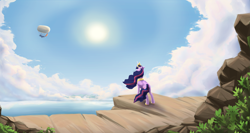 Size: 4299x2289 | Tagged: safe, artist:tofuslied-, twilight sparkle, alicorn, pony, g4, the last problem, airship, balloon, clothes, crown, female, jewelry, older, older twilight, older twilight sparkle (alicorn), princess twilight 2.0, regalia, solo, twilight sparkle (alicorn), uniform