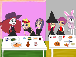 Size: 2098x1596 | Tagged: safe, artist:phineasmania, apple bloom, scootaloo, sweetie belle, equestria girls, g4, bunny ears, calaverita (sugar skull), catrina (calavera garbancera), crossover, cutie mark crusaders, dia de los muertos, food, halloween, hat, holiday, jack-o-lantern, pan de muerto, pumpkin, sugar skull, tamal, witch hat