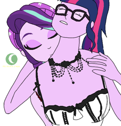 Size: 450x470 | Tagged: safe, artist:phineasmania, sci-twi, starlight glimmer, twilight sparkle, equestria girls, g4, beanie, bust, eyes closed, female, glasses, hat, lesbian, neck biting, ship:twistarlight, shipping, simple background, white background