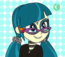 Size: 410x359 | Tagged: safe, artist:phineasmania, juniper montage, equestria girls, g4, bust, clothes, face paint, female, glasses, polka dot background, smiling