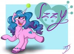 Size: 2200x1600 | Tagged: safe, artist:takutanuvataio, izzy moonbow, pony, unicorn, g5, ball, blue background, cutie mark, female, horn, hornball, izzy's tennis ball, mare, open mouth, signature, simple background, solo, tennis ball, text