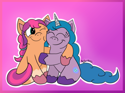 Size: 959x715 | Tagged: safe, artist:artyanimated, izzy moonbow, sunny starscout, earth pony, pony, unicorn, g5, doodle, duo, duo female, female, gradient background, hug, mare, signature, simple background, sitting, smiling