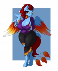 Size: 1664x2048 | Tagged: safe, artist:suirano, oc, oc only, oc:lyn static flare, pegasus, anthro, unguligrade anthro, big breasts, breasts, clothes, commission, digital art, female, looking at you, pants, pose, shirt, solo, spread wings, tail, thighs, thunder thighs, wide hips, wings
