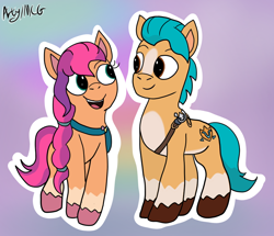 Size: 836x718 | Tagged: safe, artist:artyanimated, hitch trailblazer, sunny starscout, earth pony, pony, g5, my little pony: a new generation, bag, blurry background, duo, female, looking at each other, looking at someone, male, mare, redraw, signature, stallion, standing