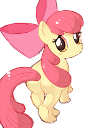Size: 500x714 | Tagged: safe, artist:うにだま, apple bloom, earth pony, pony, g4, adorabloom, bloom butt, butt, cute, female, filly, frown, looking at you, looking back, looking back at you, plot, puppy dog eyes, solo