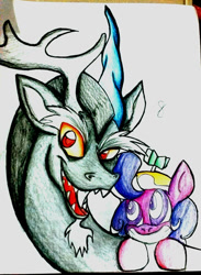 Size: 720x985 | Tagged: safe, artist:spirodraw, discord, screwball, draconequus, earth pony, pony, g4, bust, duo, fangs, female, grin, hat, male, propeller hat, sharp teeth, simple background, smiling, swirly eyes, teeth, traditional art, white background