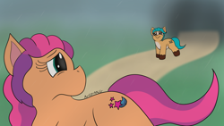 Size: 1280x720 | Tagged: safe, artist:artyanimated, hitch trailblazer, sunny starscout, earth pony, pony, g5, duo, female, looking at each other, male, mare, path, sad, stallion