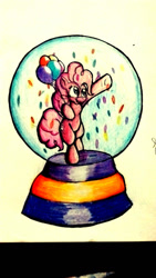 Size: 720x1280 | Tagged: safe, artist:spirodraw, pinkie pie, earth pony, pony, g4, balloon, bipedal, female, mare, smiling, snow globe, solo, traditional art