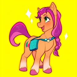 Size: 1523x1529 | Tagged: safe, artist:zymaani, sunny starscout, earth pony, pony, g5, badge, bag, blushing, braid, coat markings, cute, female, looking away, looking up, mare, open mouth, open smile, satchel, simple background, smiling, socks (coat markings), solo, sparkles, standing, sunnybetes, turned head, unshorn fetlocks, yellow background
