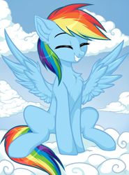 Size: 2446x3300 | Tagged: safe, artist:lina, rainbow dash, pegasus, pony, g4, chest fluff, cloud, cute, dashabetes, eyes closed, female, high res, mare, on a cloud, sitting, sky, smiling, solo, spread wings, wings