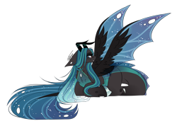 Size: 1583x1125 | Tagged: safe, artist:inspiredpixels, oc, oc only, changeling, pony, changeling oc, floppy ears, freckles, lying down, signature, simple background, solo, spread wings, transparent background, wings