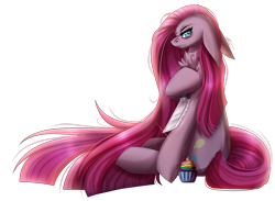 Size: 2865x2094 | Tagged: safe, artist:inspiredpixels, pinkie pie, oc, oc only, earth pony, pony, fanfic:cupcakes, cupcake, female, food, high res, knife, mare, pinkamena diane pie, rainbow cupcake, simple background, sitting, solo, transparent background