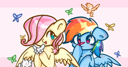 Size: 2240x1181 | Tagged: source needed, safe, artist:嗆殺莋業, fluttershy, rainbow dash, butterfly, cat, pegasus, pony, rabbit, g4, animal, blushing, butterfly on nose, cute, hair over one eye, insect on nose, open mouth, open smile, smiling