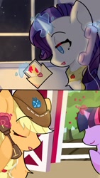 Size: 1080x1920 | Tagged: source needed, safe, artist:嗆殺莋業, apple bloom, applejack, rarity, twilight sparkle, earth pony, pony, unicorn, g4, barn, clothes, envelope, eyes closed, female, lesbian, levitation, magic, phone, photo, scarf, ship:rarijack, shipping, telekinesis