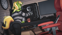 Size: 3840x2160 | Tagged: safe, artist:arcanetesla, oc, oc only, oc:mysti tesla, unicorn, anthro, 3d, ass, butt, chair, clothes, computer, gaming chair, high res, keyboard, monitor, mug, office chair, pants, room, solo, striped sweater, sweater